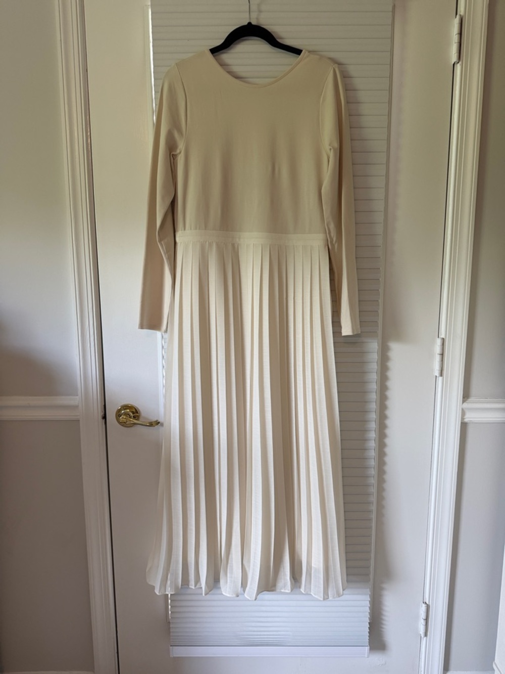 J. Crew Cream Long-Sleeve Pleated Midi Dress